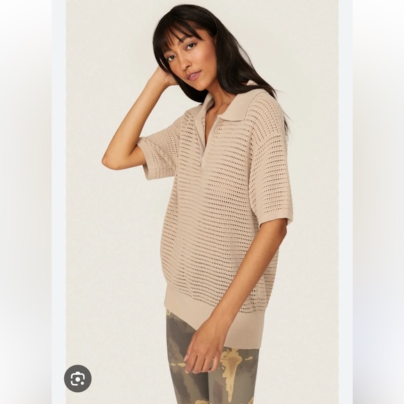 Varley Clayton Polo Knit Top Beige Neutral Quarter Zip Athleisure EUC Small - Picture 7 of 13